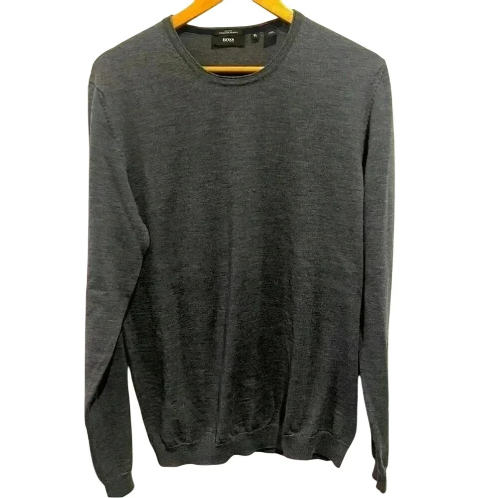 BOSS Hugo Boss Sweater Mens XL Charcoal Grey Excellent Extrafine Merino Slim Fit